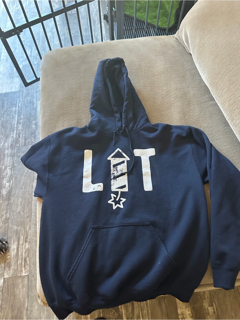 Navy Zip-Up Hoodie with White 'LIT' Graphic